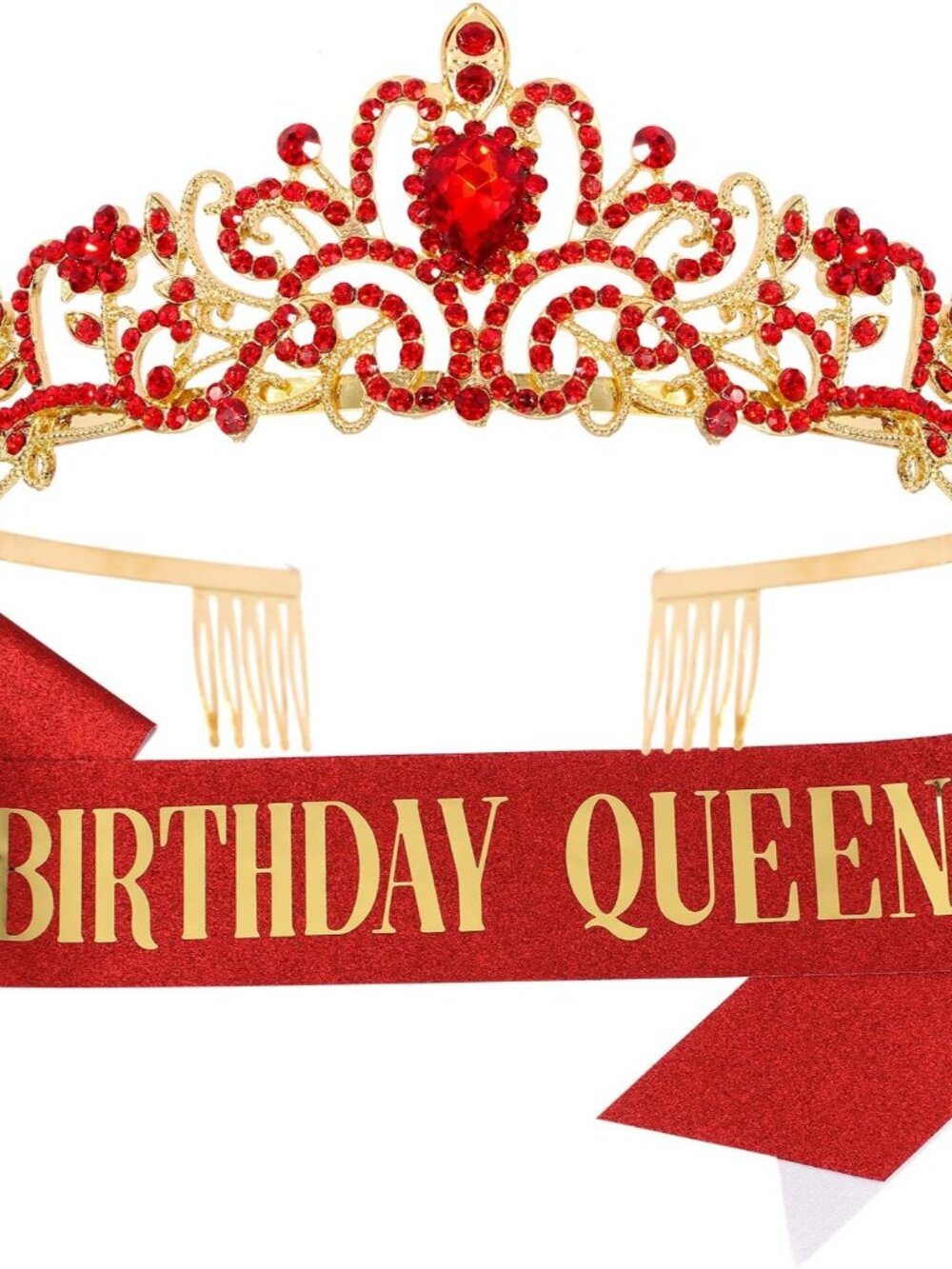 Happy Birthday Queen Tiara Crowns for Women, Red Sash, Party Favors Supplies Gif